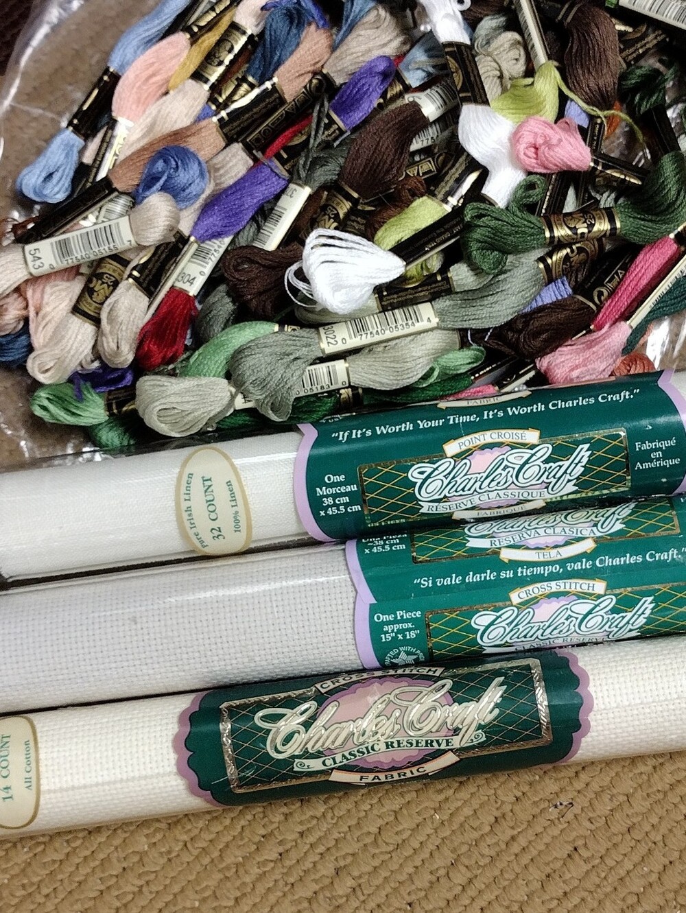 Large Cross Stitch Kit Assorted Multicolor Embroidery Floss  Aida Cloth